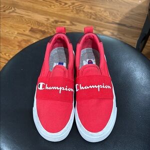 Champion Red Slip-On Sneakers with White Soles